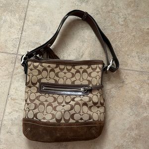Coach Shoulder Bag. Brown. Classic C print. Zipper closure. Interior pocket.